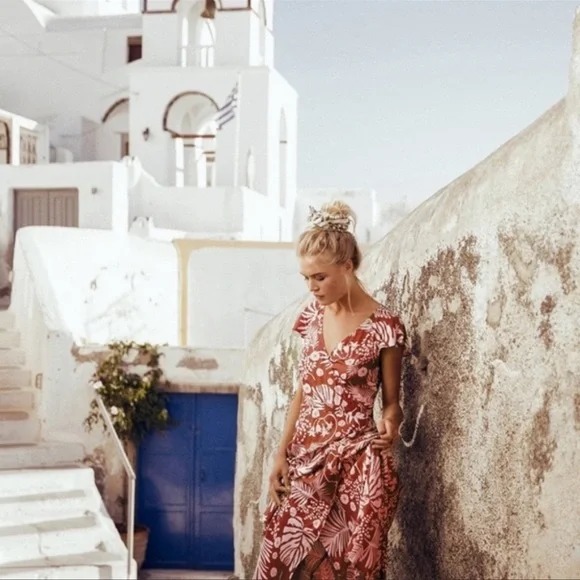 Arnhem Orange and White Tropical Floral Midi wrap Dress - Picture 5 of 9